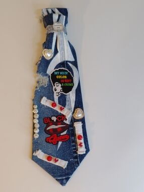Denim Patch Tie - Blue with Decorative Hearts
